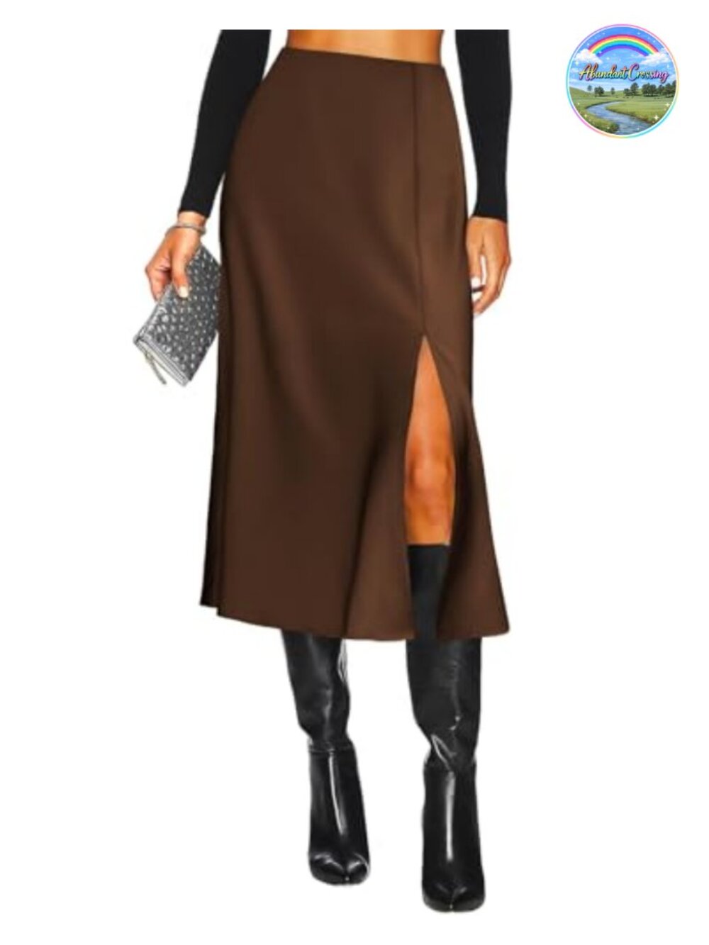 High Waisted Satin Midi Skirt Side Slit A-Line Silk Long Skirt